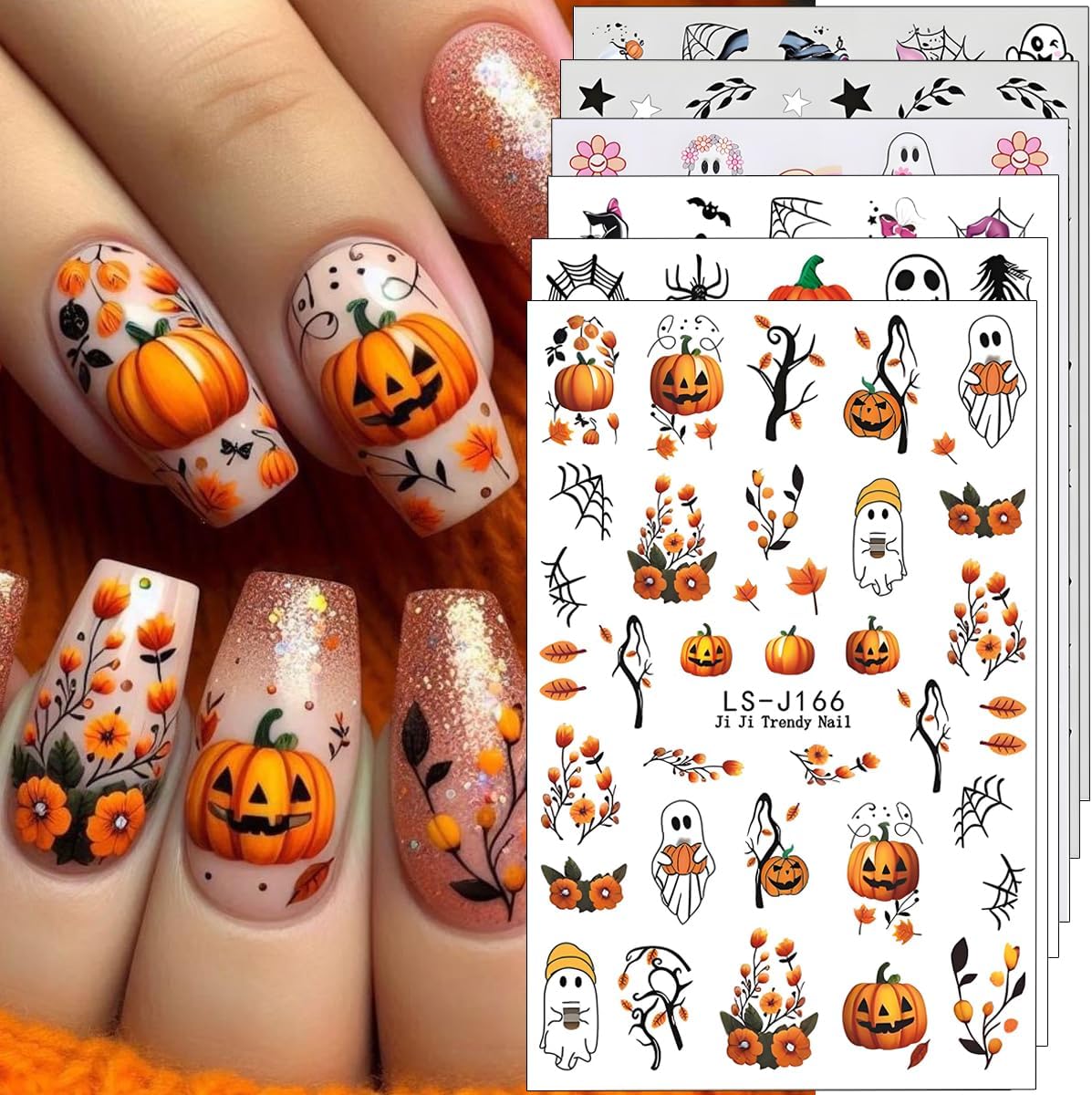 Halloween Nail Art Stickers Decals 3D Pumpkin Ghost Nail Decals 6PCS Skull Ghost Virus Leaf Bat Halloween Nails Design 3D Self-Adhesive Nail Art Supplies Manicure Sticker for Women Holiday Decoration