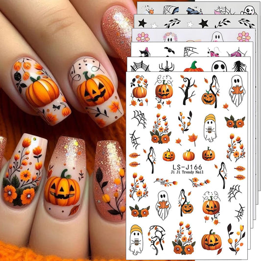 Halloween Nail Art Stickers Decals 3D Pumpkin Ghost Nail Decals 6PCS Skull Ghost Virus Leaf Bat Halloween Nails Design 3D Self-Adhesive Nail Art Supplies Manicure Sticker for Women Holiday Decoration