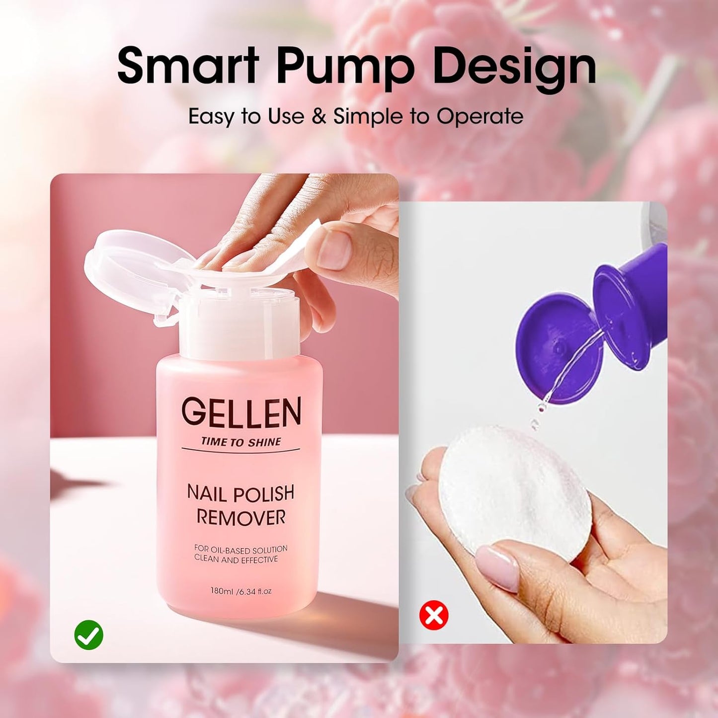 Gellen Nail Polish Remover Raspberry Scent, Acetone Free Nail Polish Remover for Quick Dry Nail Polishes, Gentle Nail Polish Removal Pump with Vitamin E, Fingernail Polish Remover 6.09 Fl Oz