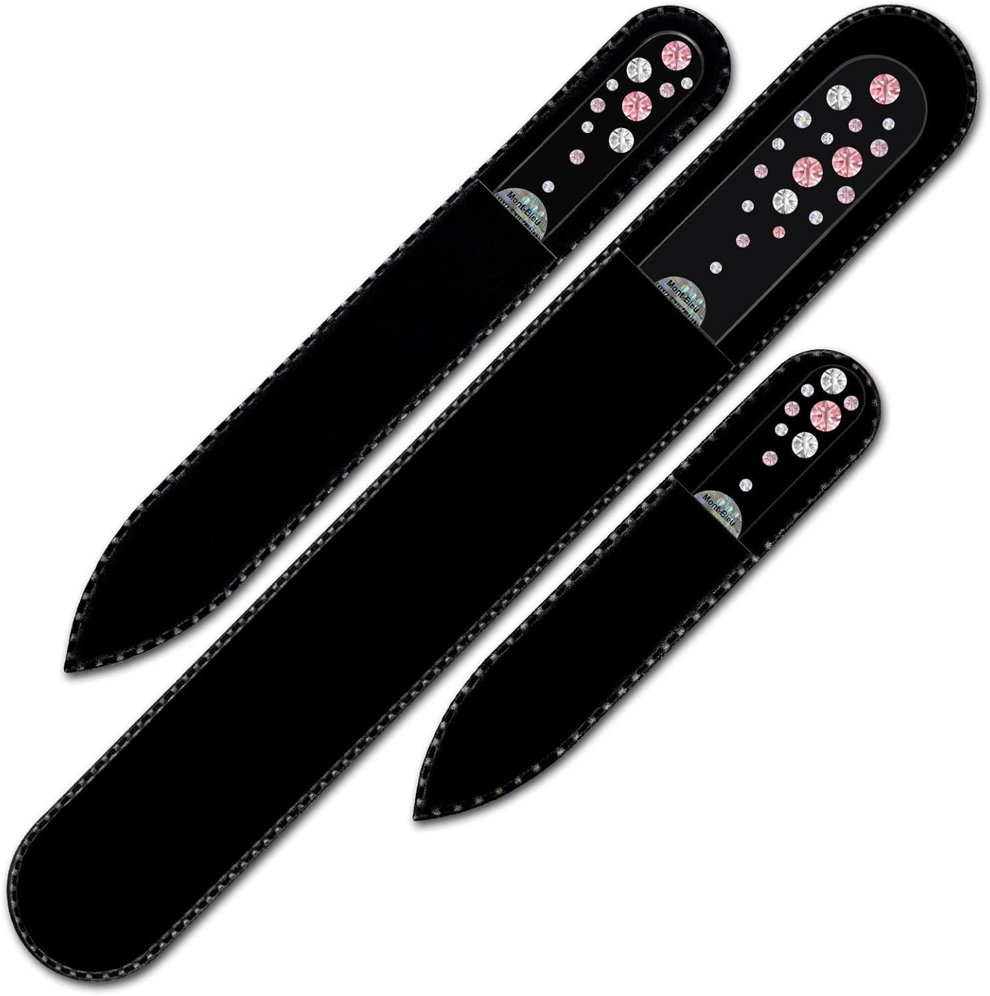 Mont Bleu Set of 3 Glass Nail Files Hand Decorated with Crystals - Hand Made, Czech Tempered Glass
