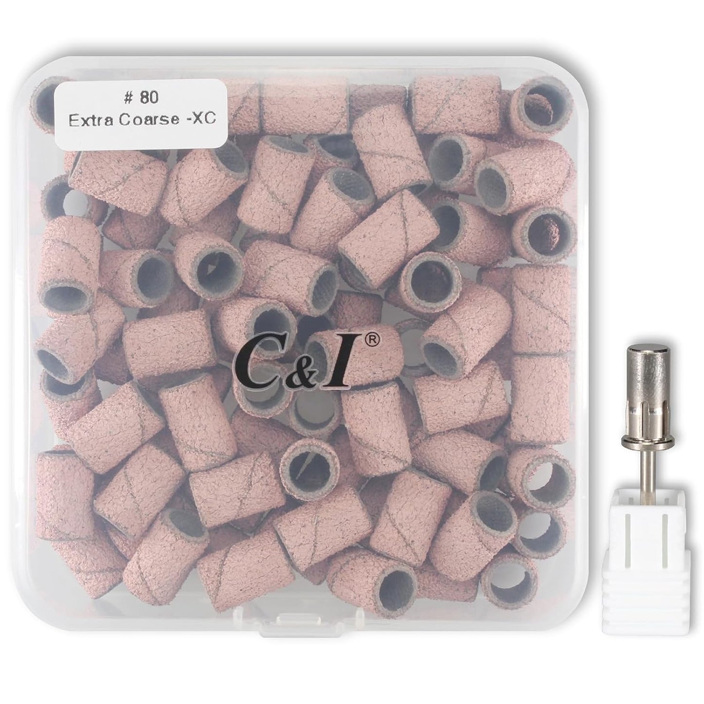 C & I Nail Sanding Bands 100 PCS Plus Upgrade Mandrel 1 PC, Nail Drill Bits for Acrylic Gel Nails Remove, Natural Nails Buffer for Nail Prep and Nail Shiner (Pink, #80 Extra Coarse)