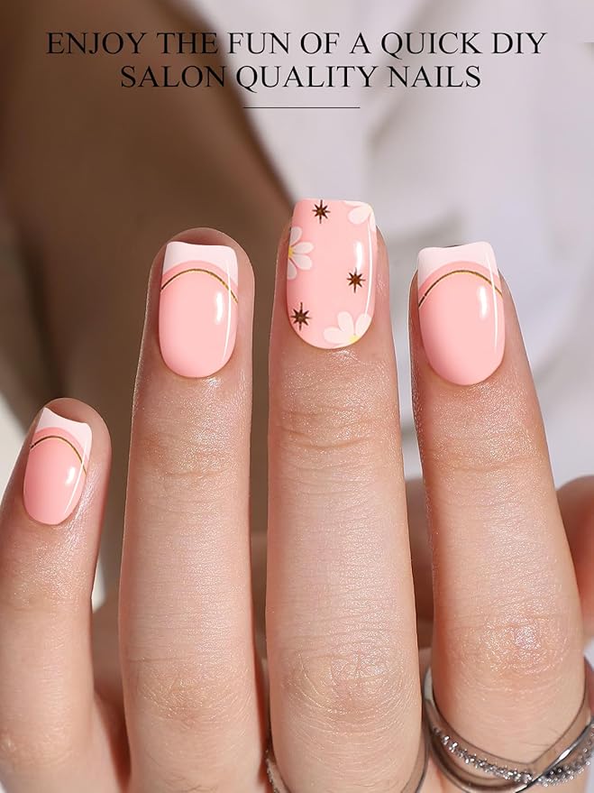 EBANKU 20Pcs Semi-Cured Gel Nail Strips, French Flower Nail Sticker, Lasting Waterproof Full Wraps Stickers for Salon Manicures, Perfect for Women, Girl with File and Stick