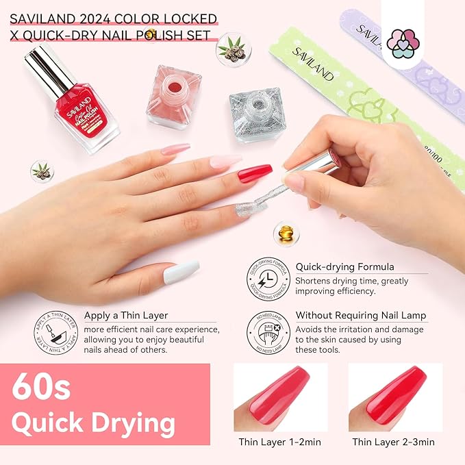 SAVILAND Finger Nail Polish Set: 6pcs Classic Quick Dry Nail Polish Kit Color Locked X Tech White Black Red Pink Brown Bulk Toenail Polish Castor Oil Nail Lacquer Salon Tech Manicure Pedicure Home