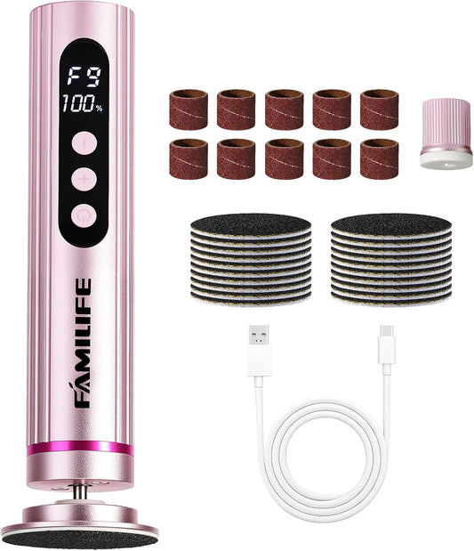 FAMILIFE Electric Foot File Callus Remover – Rechargeable Pedicure Tool with Display Screen, Replaceable Sandpaper Discs, Forward & Reverse Rotation, for Men and Women