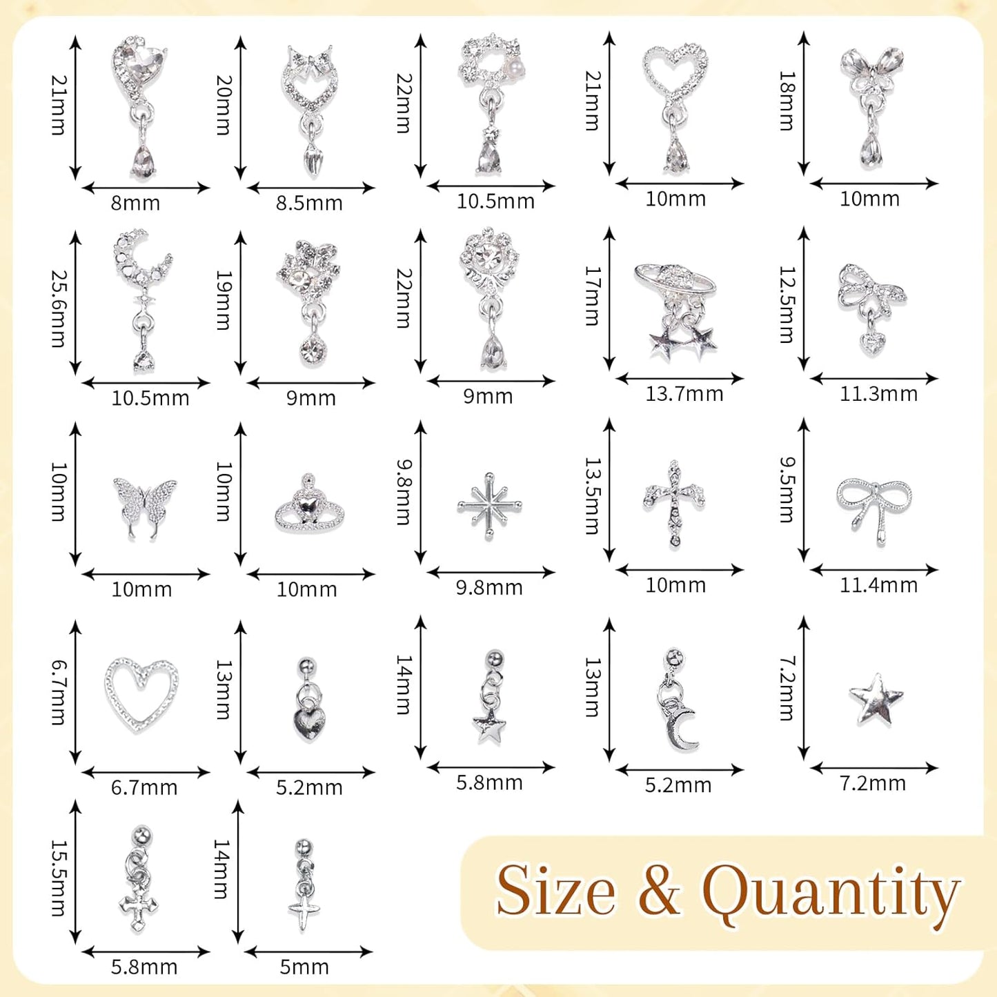 100Pcs Dangle Silver Nail Charms and Gems, Cross Star Heart Crown Planet Bows Butterfly Nail Gems Charms Silver Nails Art Supplies for Women DIY Accessories