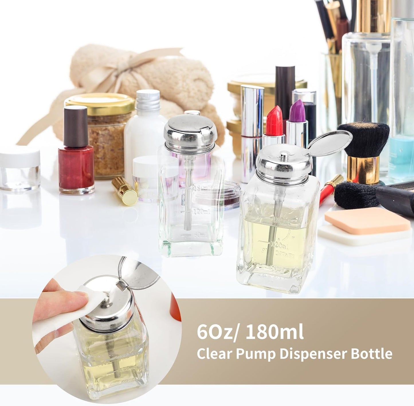 souG 3 Pcs 6 Oz/ 180 ml Clear Pump Dispenser Bottle with Metal Flip Cover Glass Nail Polish Remover Push Down Dispenser Bottle Refillable Push Down Pump Dispenser Press Container for Makeup Remover