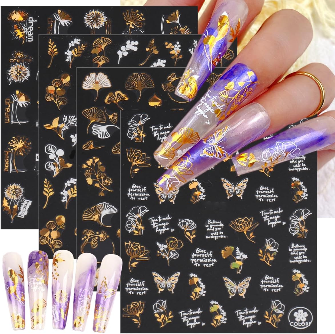 8 Sheets Bronzing Fall Nail Art Stickers Decals 3D Self-Adhesive Laser Gold White Leaves Flowers Nail Decals Autumn Maple Leaf Nails Design Stickers Thanksgiving Nail Art Supplies for Women