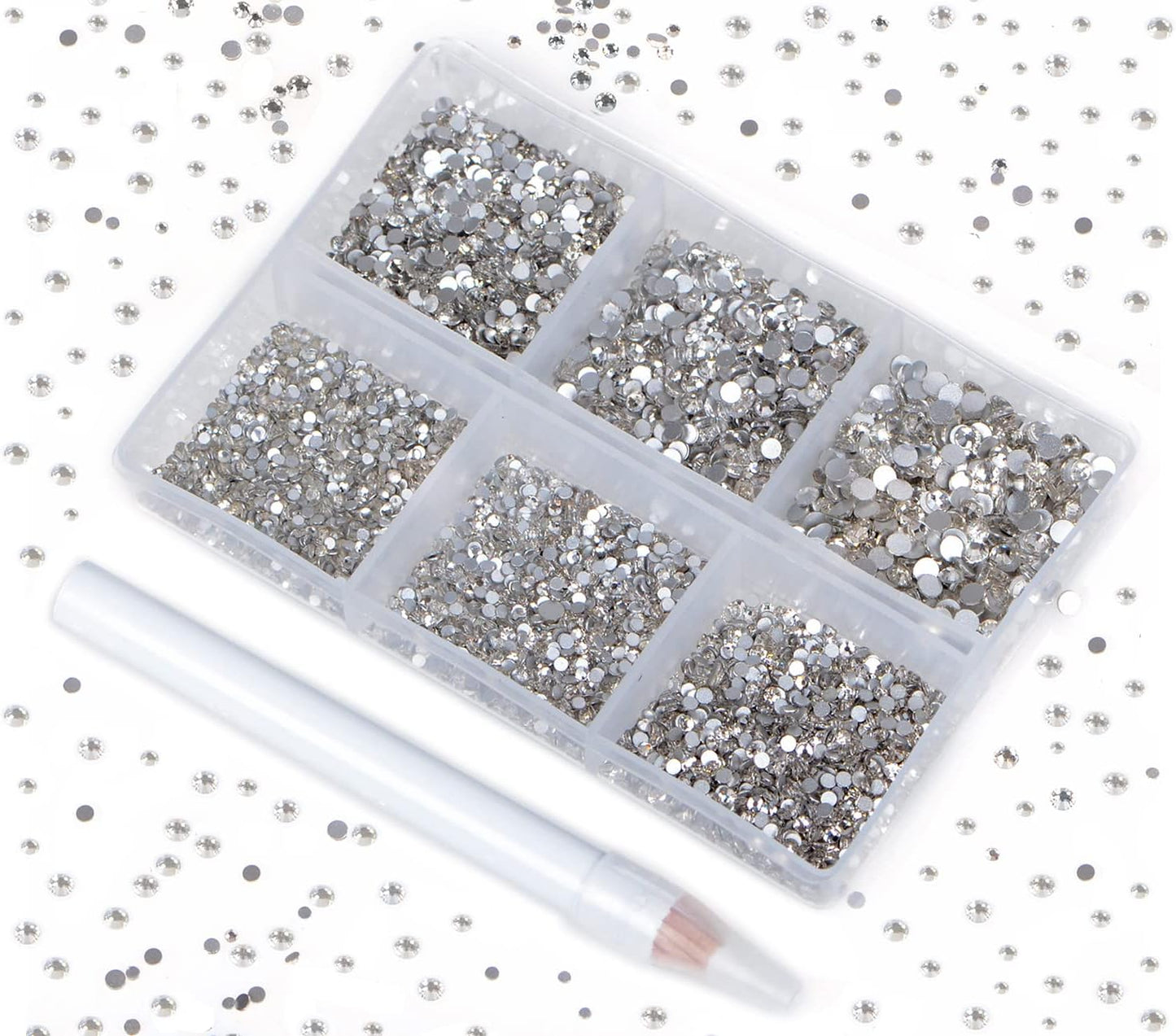Bymitel 7200 Pieces 6 Mixed Sizes Glue Fix on Glass Rhinestones Round Crystal Gems Flatback for DIY Jewelry Making with one Picking Pen(6-Sizes 7200PCS, Clear Crystal)