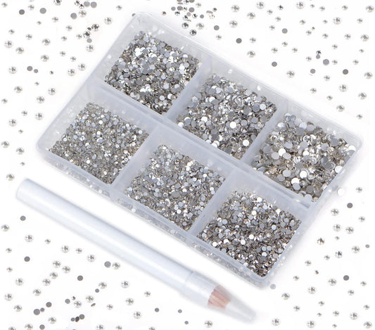 Bymitel 7200 Pieces 6 Mixed Sizes Glue Fix on Glass Rhinestones Round Crystal Gems Flatback for DIY Jewelry Making with one Picking Pen(6-Sizes 7200PCS, Clear Crystal)