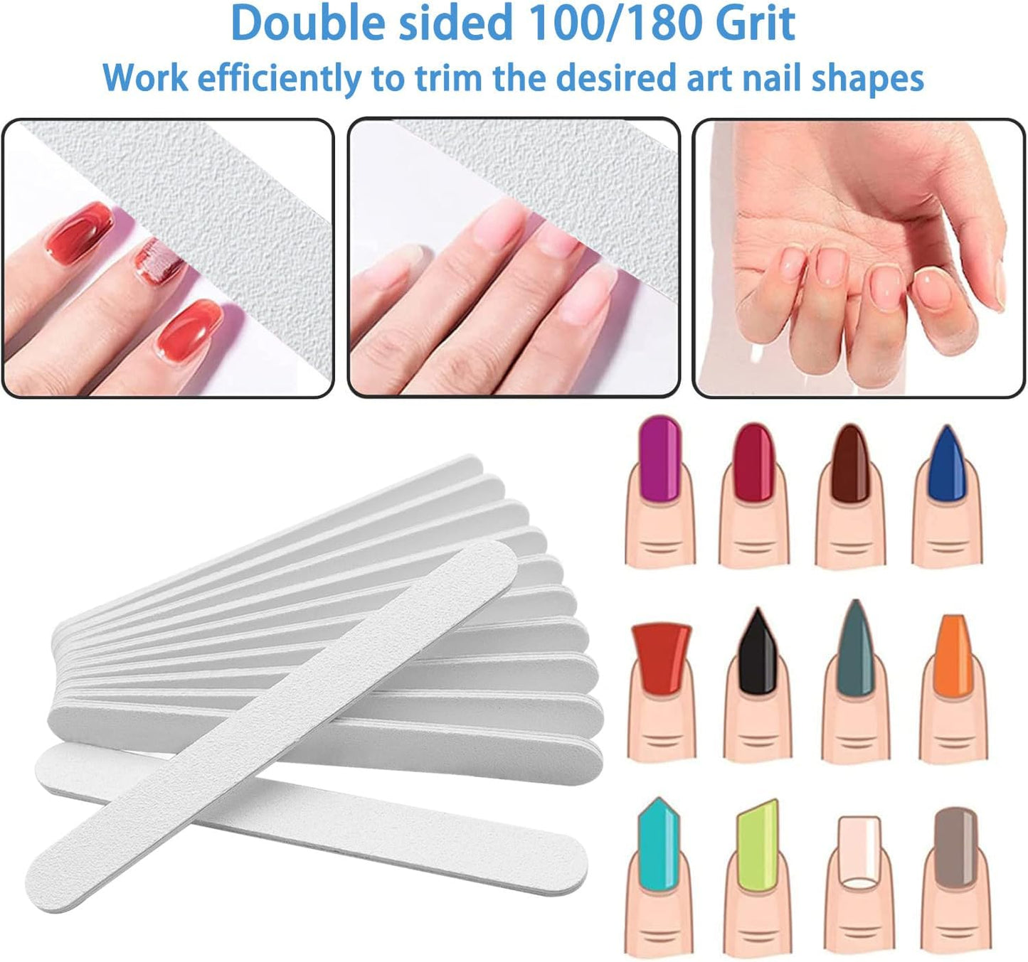 White Nail Files (12 Pack), Professional 100/180 Grit Double-Sided Emery Boards for Natural Nails, Acrylics & Gels, Durable White Fingernail and Toenail File Kit for Manicure & Pedicure