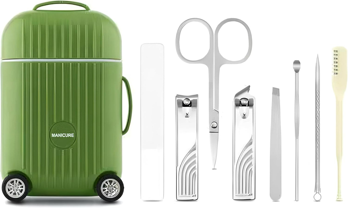 Travel Luggage Style Manicure Set, 6-in-1 Nail Care Kit with Stainless Steel Tools, Compact Design (Green)