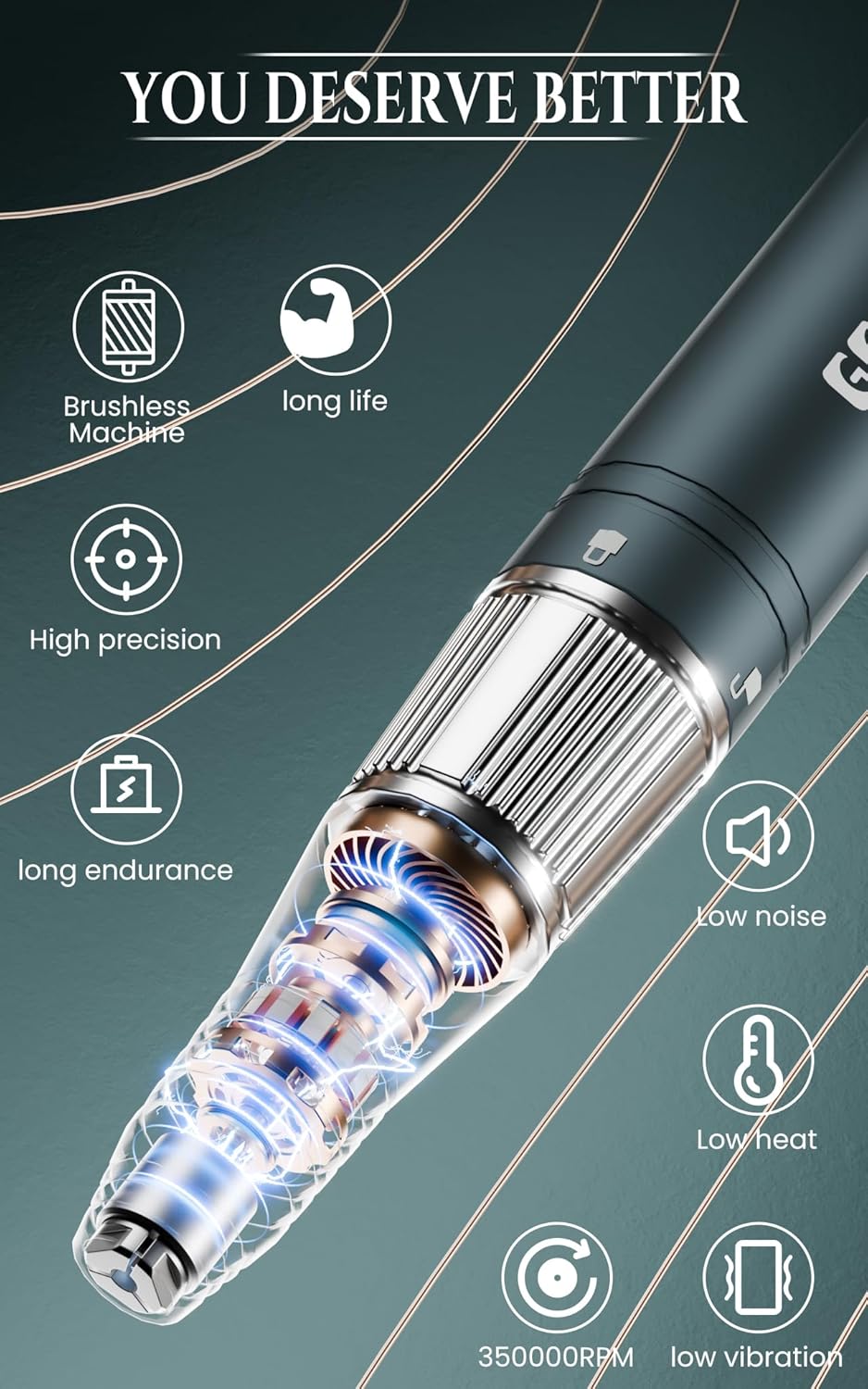 Rechargeable Nail Drill - Brushless Motor - Electric Nail Drill for Acrylic Nails Professional,35000RPM Electric Nail File,Cordless for Home Salon, Low Noise, Low Heat, Blue Grey