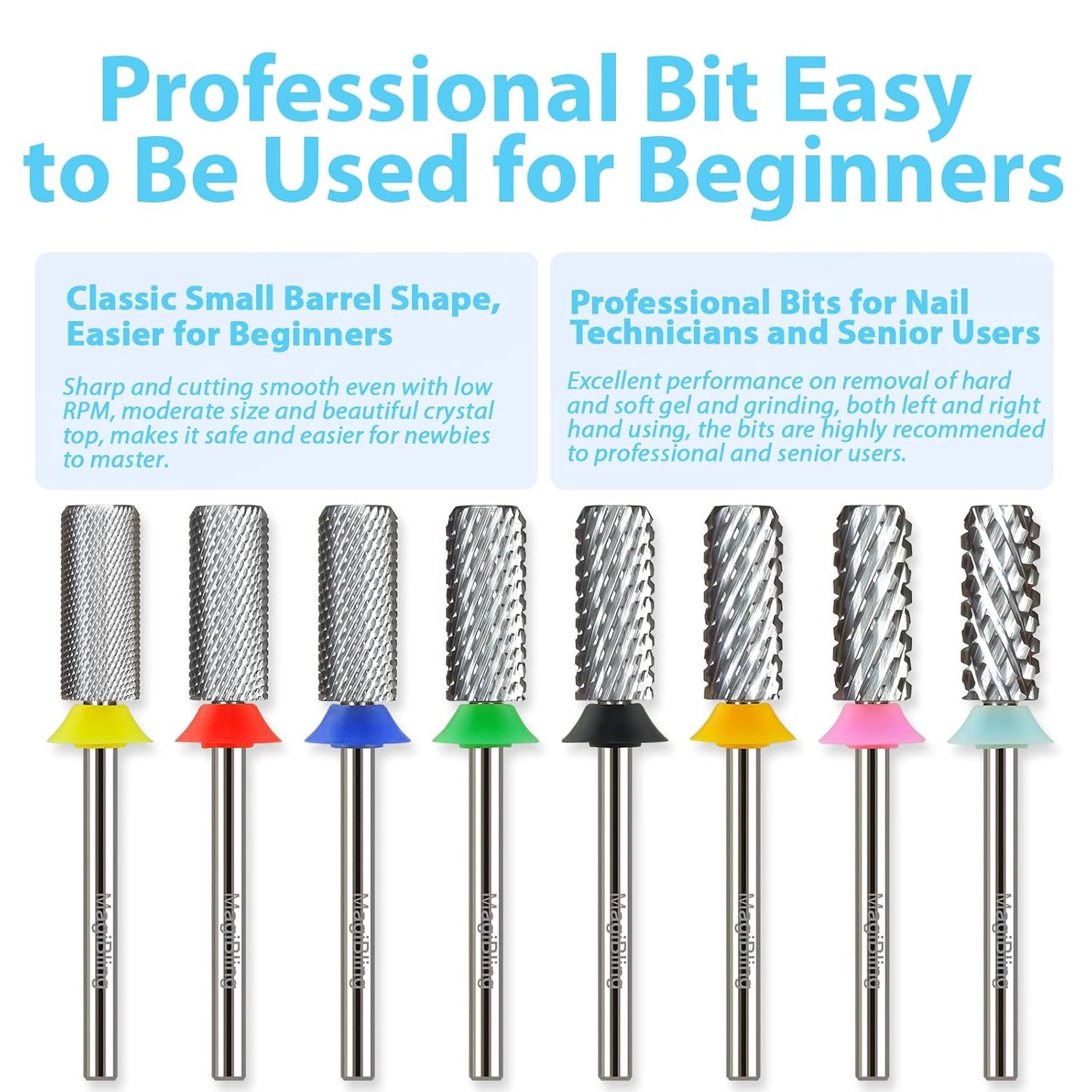 Professional Small Barrel Nail Drill Bits Flat Top, 3/32'' Safety Tungsten Carbide Bits, Two-Way Rotation, Soft and Hard Gel Removal Polishing, Tech and Beginner Bits, Medium.
