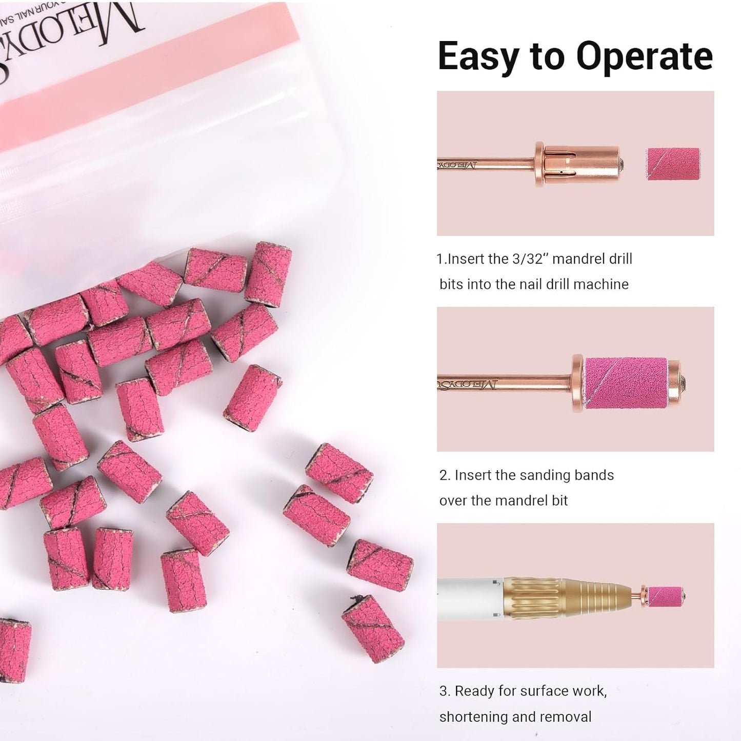 MelodySusie Crystal Top Mandrel Bit for Nails, 3/32'' Easy Off Nail Drill Bits for Sanding Bands, Suitable for Acrylic Nails Gel Manicures and Pedicures, Rose Gold