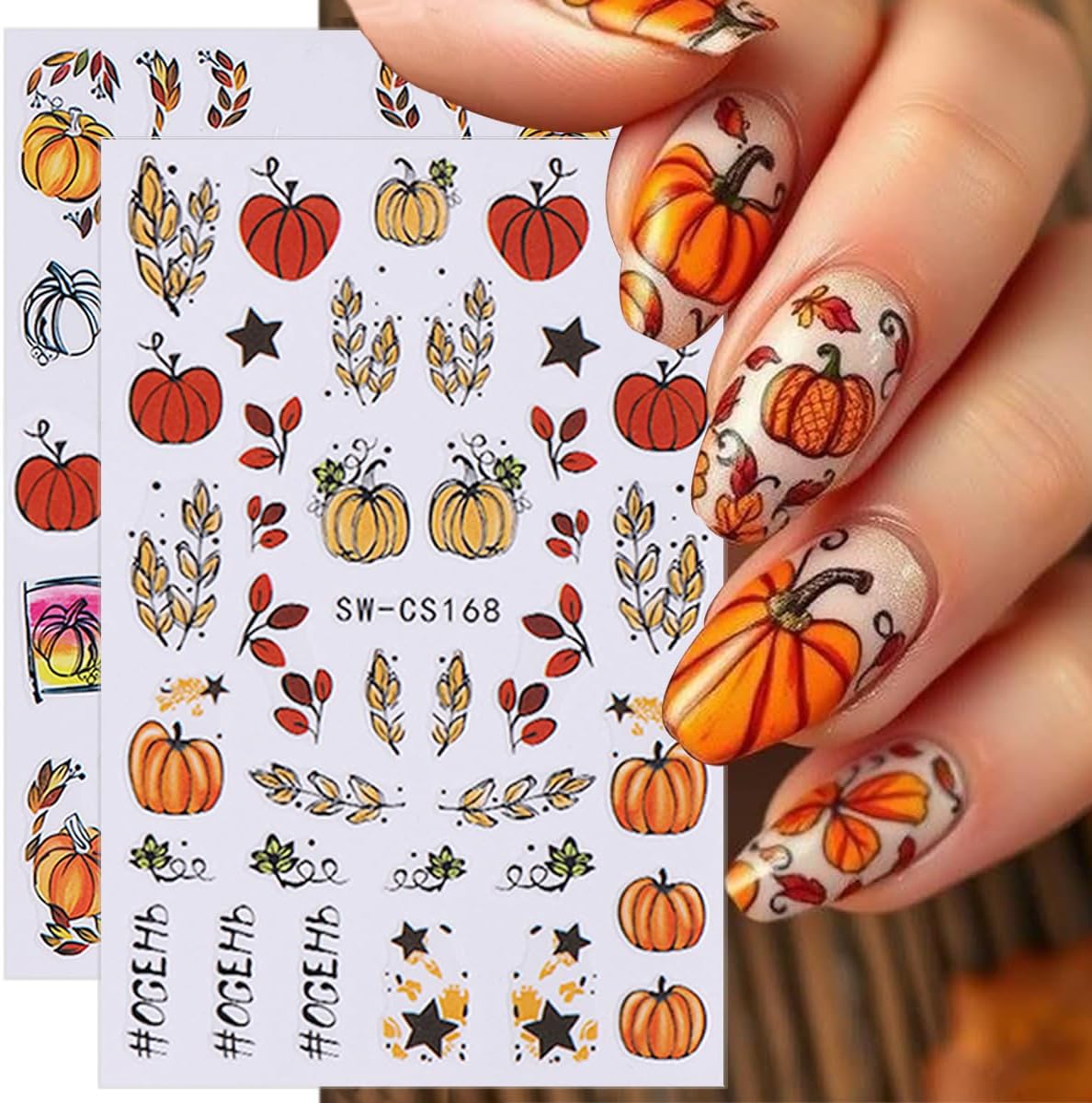 8 Sheets Fall Nail Art Stickers 3D Self-Adhesive Autumn Nail Stickers Maple Leaf Pumpkin Designs Sticker Nail Art Supplies Thanksgiving Nail Decals for Women Girls Acrylic DIY Manicure Decorations
