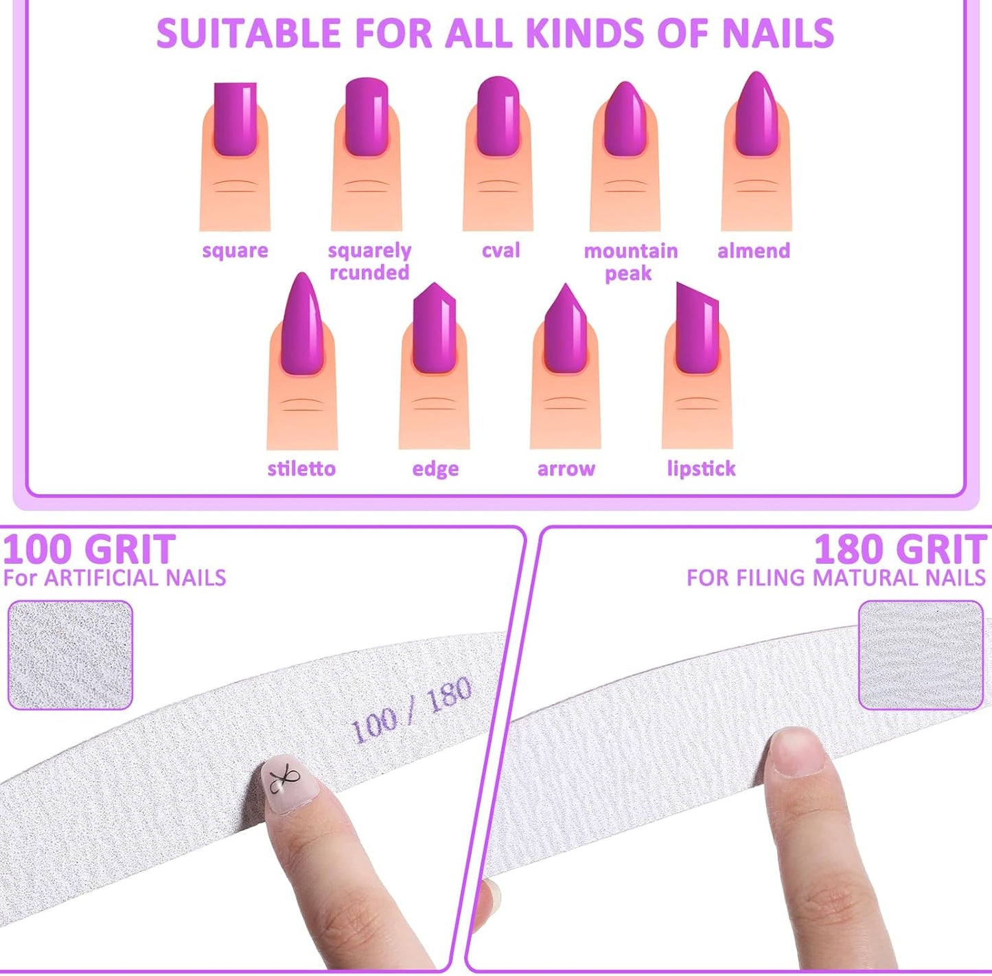 150 Pcs 100/180 Grits Nail Files, Doubled Sided Emery Boards Reusable Nail Files Manicure Tools for Acrylic Natural Toenails Home and Salon