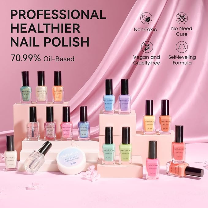 Nail Polish Set, Glitter Holographic Nude Peach Pink Shimmer Shades 16 Colors Nail Lacquer with Clear Base Top Coat & Remover Pads, Hema-free, Air Dry Non Gel