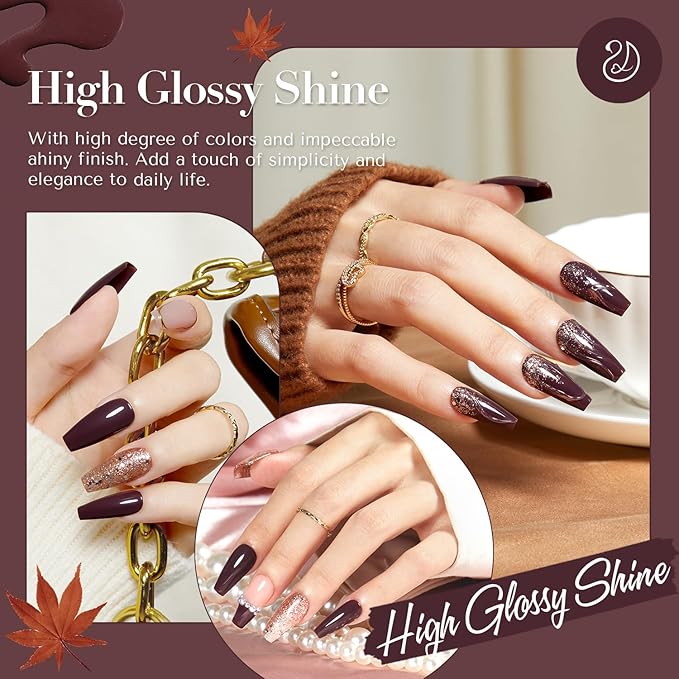 AZUREBEAUTY Brown Nail Polish Set 2 Colors Glitter Quick Dry Nail Polish Kits Fall Long Lasting French Tip Nail Polish Natural Manicure Diy Home Gift for Girls