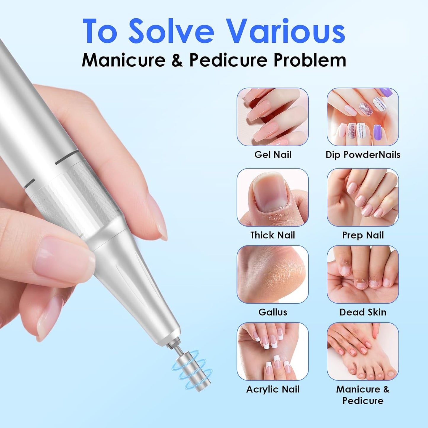 Professional Electric Nail Drill 45000RPM (Portable & Rechargeable) (with 11 Drill Bits ) Cordless Nail File Machine for Shaping, Polishing & Removing Gel Nails for Salon Home (White)