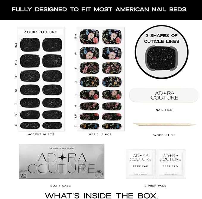 Semi Cured Gel Nail Strips with 30 Pieces - UV Gel Stickers, Manicure Kit, Easy Application Wraps Includes Prep Pads, Nail File, Wooden Stick - UV Light Required (Black Garden)