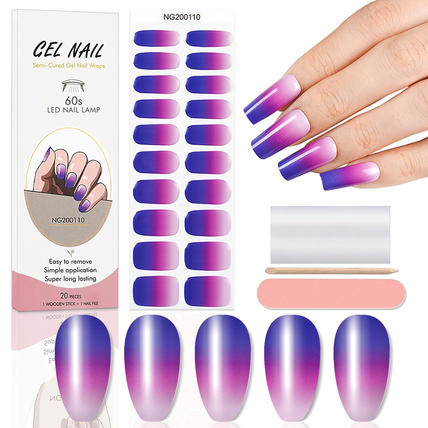 WOKOTO 20 Pcs Gradient Purple Semi Cured Gel Nail Strips With Nail File & Wooden Stick, Semi Cured Gel Nail Wraps Stickers, UV Light Gel Nail Polish Strips Stick On Real Nail Polish Stickers Kit