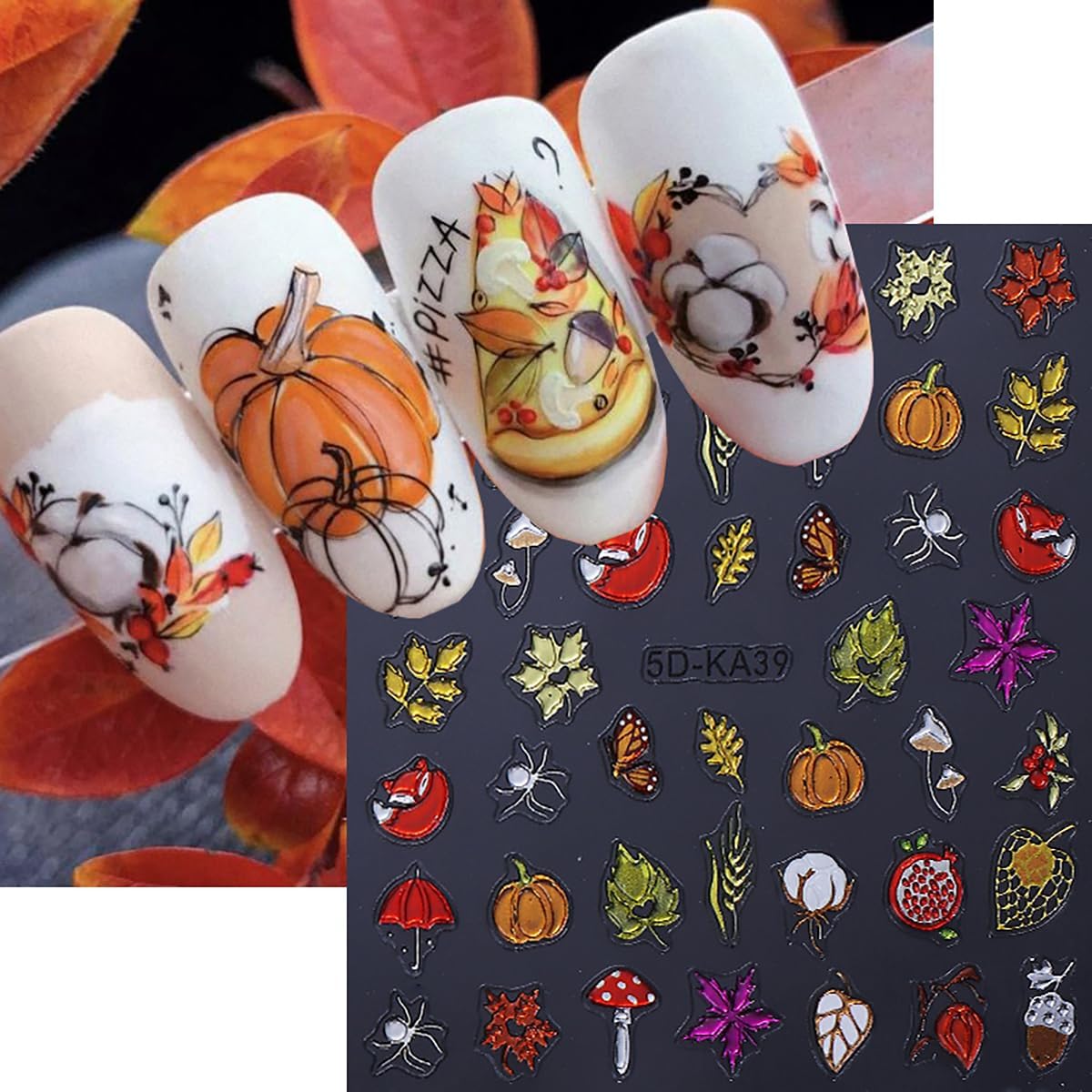 Fall Nail Art Stickers Autumn Maple Leaf Pumpkin pineal Mushroom Design Nail Decals 5D Embossed Self-Adhesive Fall Nails Stickers Thanksgiving Day Nails Art Supplies for Women DIY Manicure Decor
