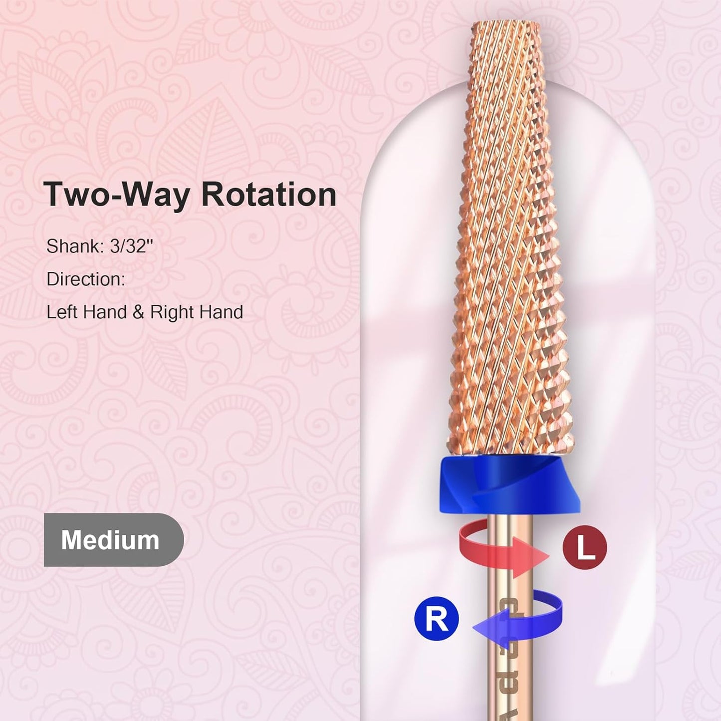 Depvko Super Long 5 in 1 Nail Drill Bits, 3/32'' Carbide Tungsten Bits, Two Way Rotate Professional Advanced Safety Bits for Nail, Fast Remove for Manicure Pedicure (Long 5in1-Rose Gold, Medium-M)