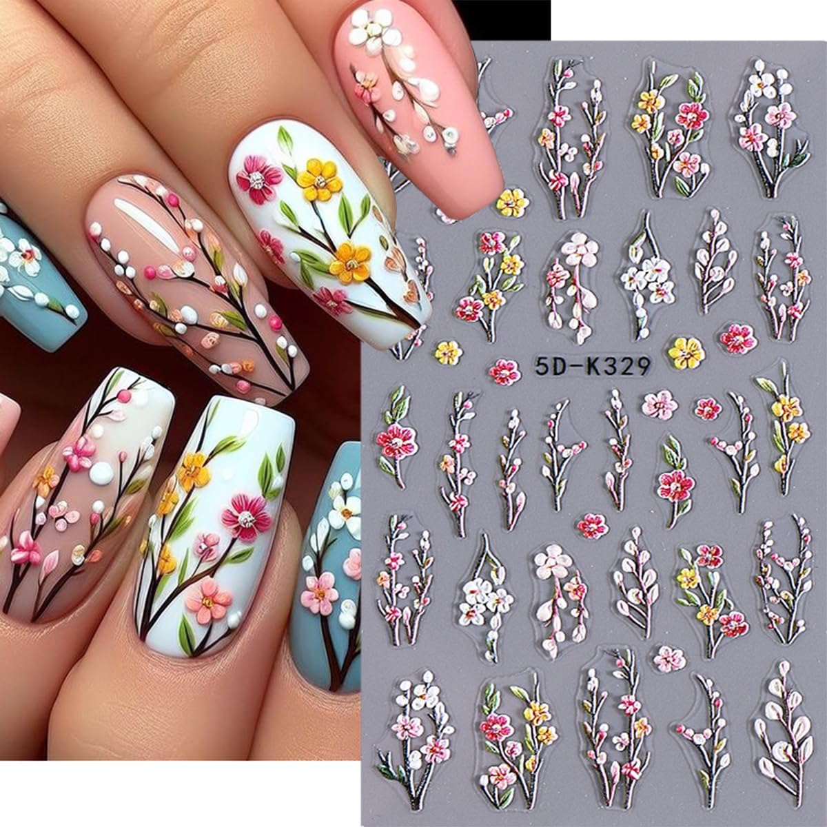 Purple Flower Nail Stickers - 5D Embossed Branch Flowers & Leaves DIY Nail Art Decals - Autumn Colorful Floral Designs for Women & Girls