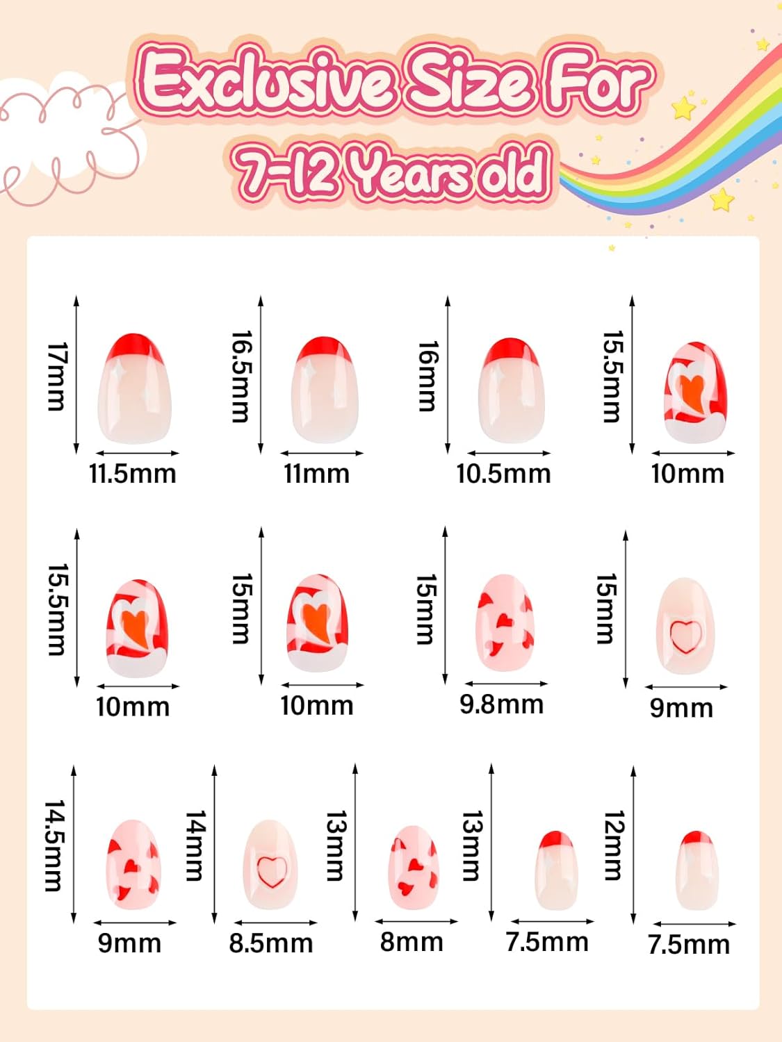 26 Pcs Press on Nails for Girls, EBANKU Fake Nails for Kids 5-12 Years Red Heart False Nails with Nail Glue, Short Full Cover Press on French Nails Tip for Child