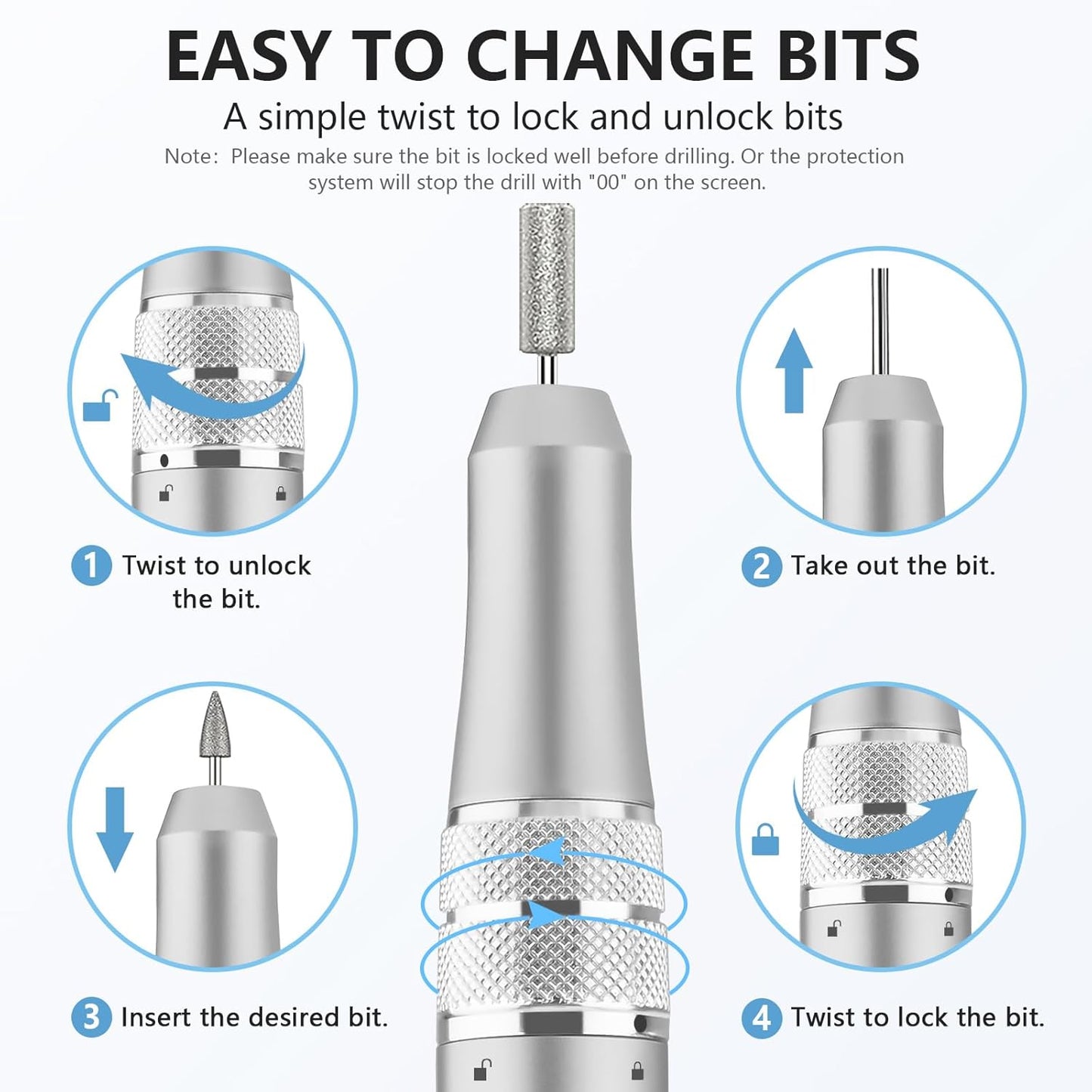 Kredioo Electric Nail Drill Professional for Salon Use 35000RPM Efile File Kit for Gel Nails Polish Remover with 11 Bits and Sanding Bands Build-in Bit Holder -Silver