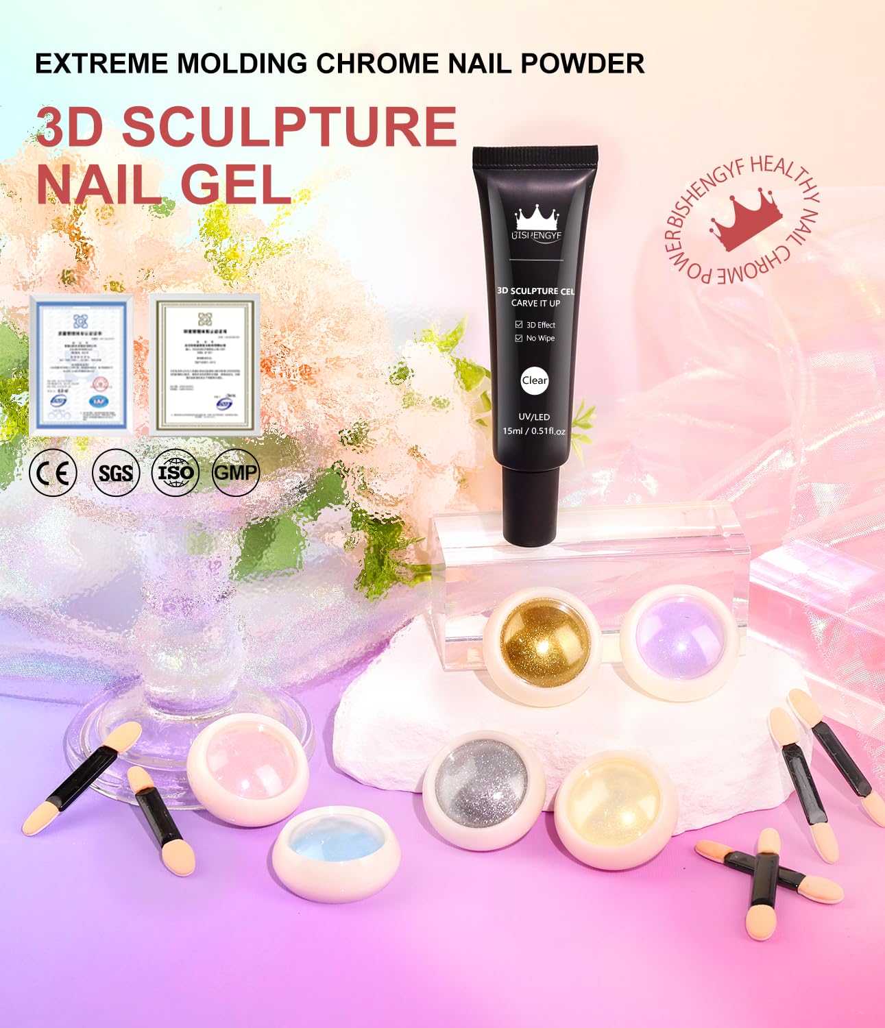 3D Nail Gel and Chrome Nail Powder Kit BISHENGYF: 15g No Wipe 3D Sculpting Gel Aurora Pink Blue Gold Chrome Nail Powder with Clear 3D Carving Nail Molding Glue Set for Nail Art Decoration