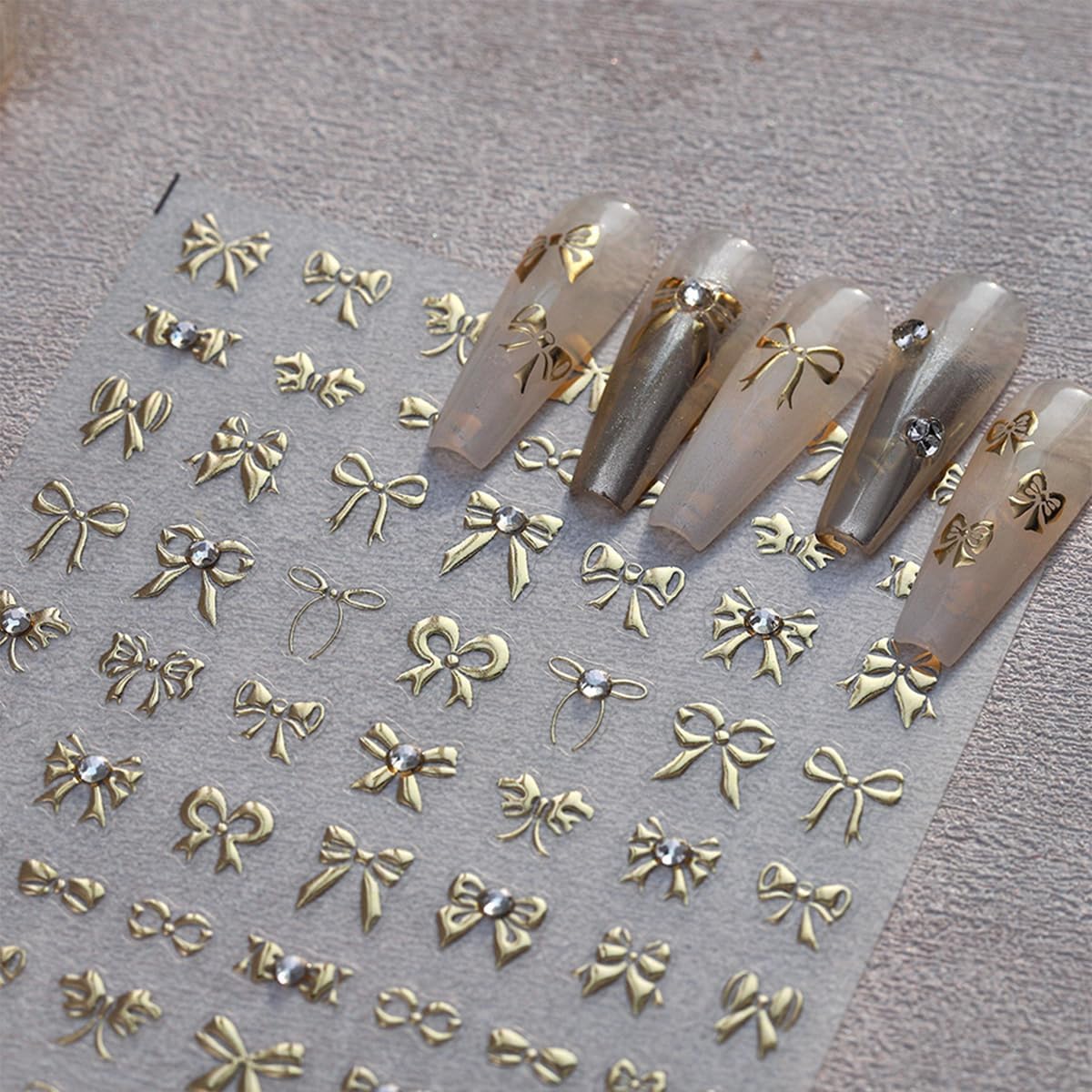 5D Embossed Bow Nail Stickers - Gold Bow Nail Art Decals with Rhinestone Knot Designs for Women's Manicure