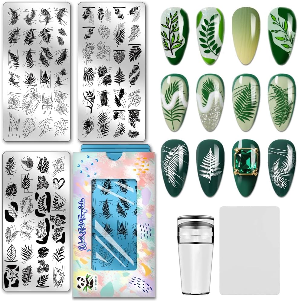 PH PandaHall 3pcs Leaf Nail Stamping Plates Geometric Leaves Nail Image Plates Plants Nails Art Stencils Monstera Nails Stamp Templates Nails Image Plates for Women Manicures Salon Design