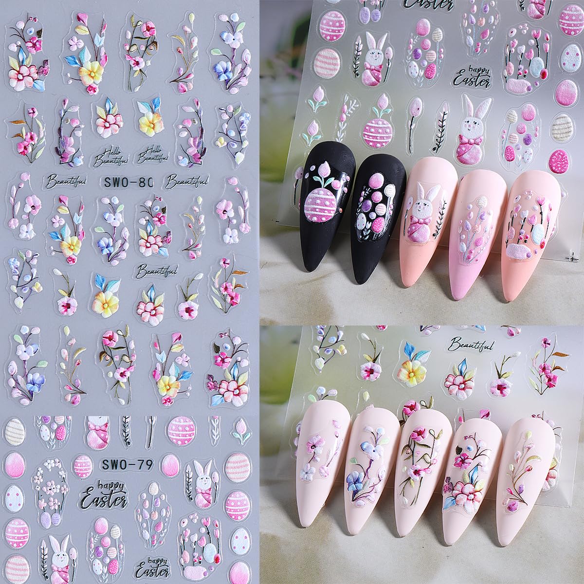2 Sheets Easter Nail Art Stickers Cute Bunny Nail Decals 5D Relief Rabbits Flowers Eggs Self-Adhesive Nail Design Stickers Acrylic Nail Accessories Supplies for Women Girls Manicure