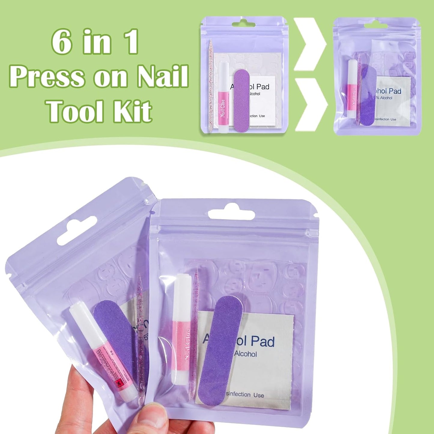 Press On Nail Tool Kit with Everything, Bebbtiy Press On Nail Prep Tool Kit Disposable Manicure Kit with Nail File, Nail Glue, Prep Pads, Adhesive Nail Tabs, Wood Stick, Packaging Bag (20pcs-purple)
