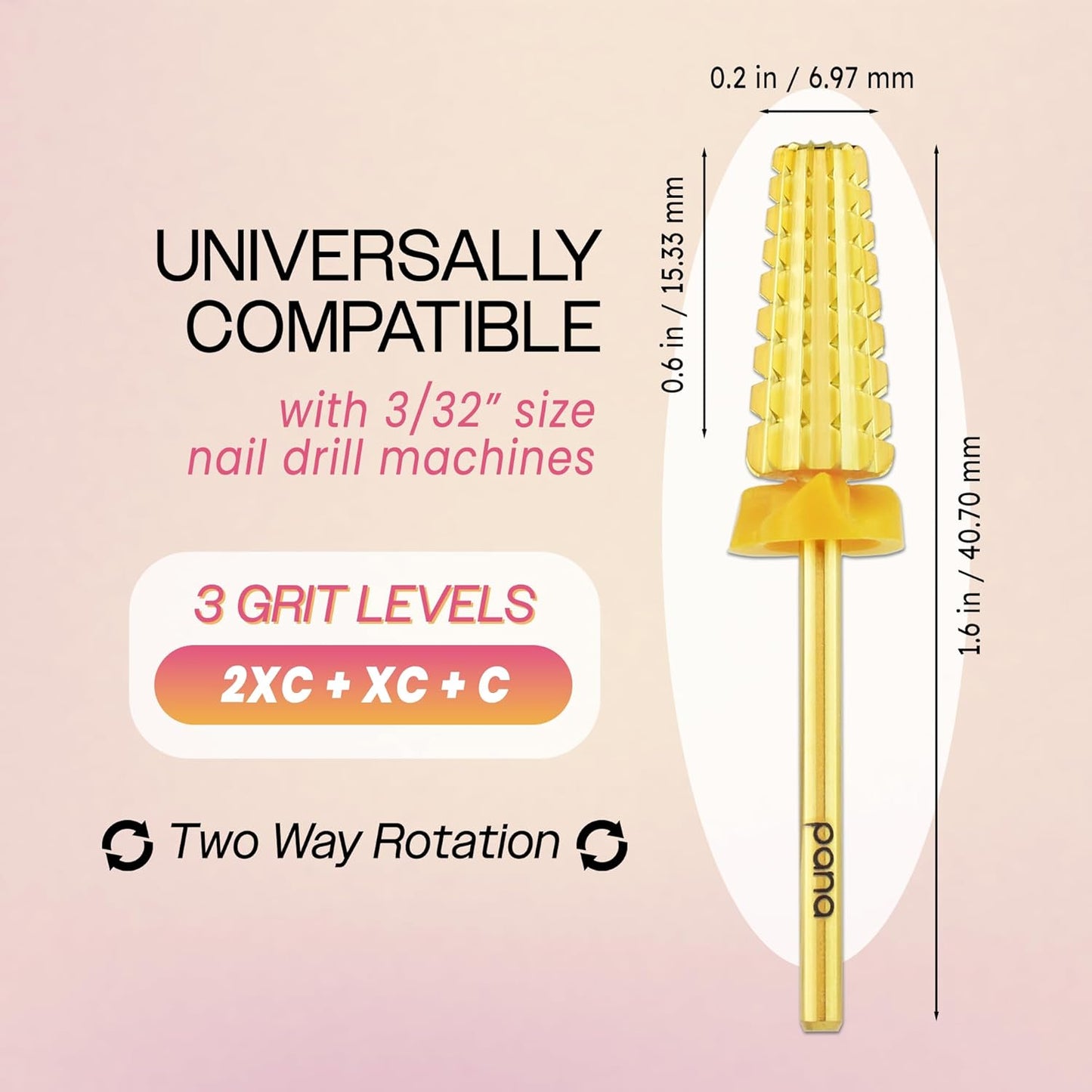 PANA 3/32" Shank 5-in-1 Nail Carbide Bit - (Triple Coarse - 2X Coarse Grit, Gold) - Two Way Rotate use for Both Left and Right Handed Fast remove Acrylic or Hard Gel Machine