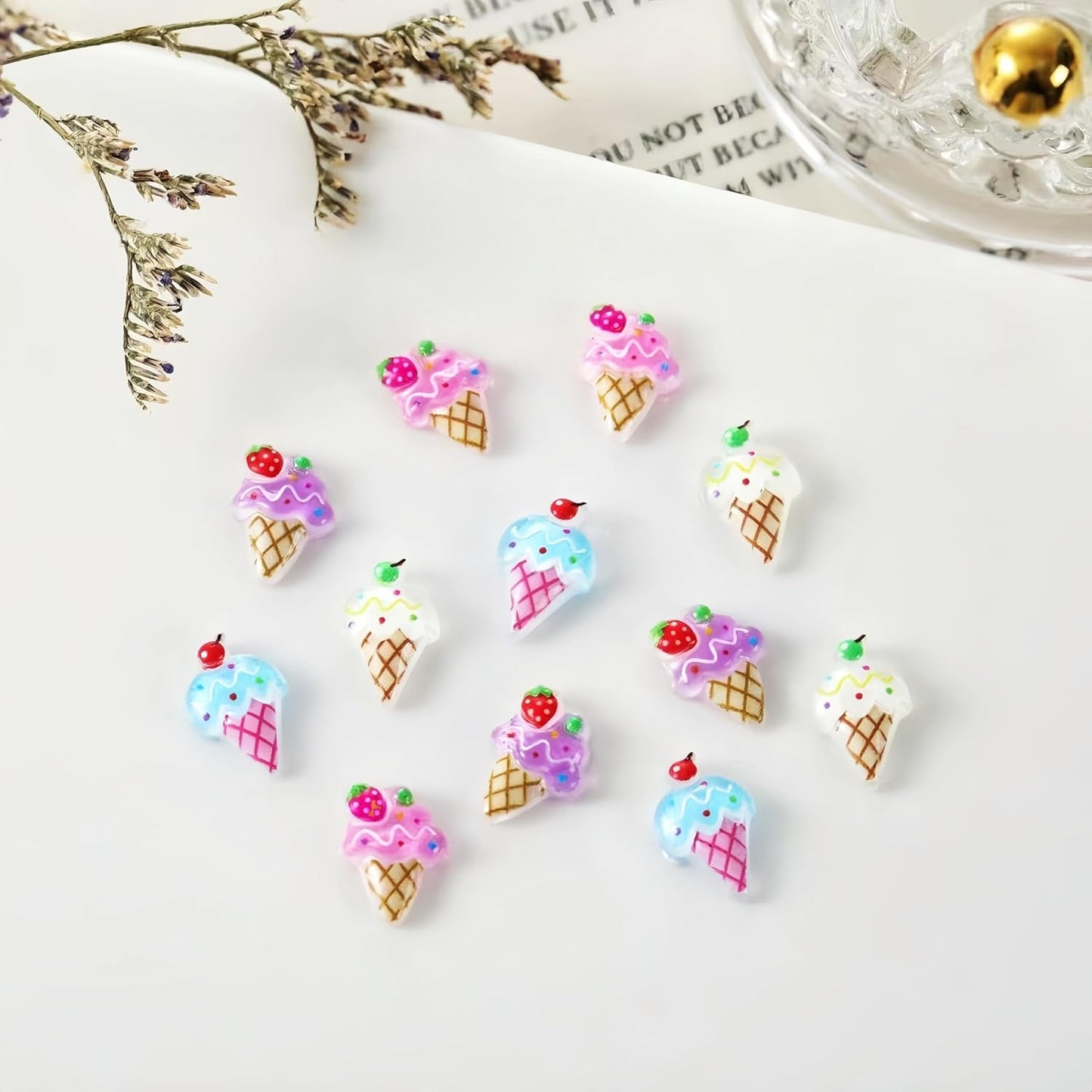 1 Box Kawaii Nail Charms Cartoon Ice Cream Nail Rhinestones 3D Flat Back Stones Summer Nail Gems Strawberry Head Ice Cream Rhinestones for Nails Mini Glass Gems Jewelry for Crafts Nail Accessories