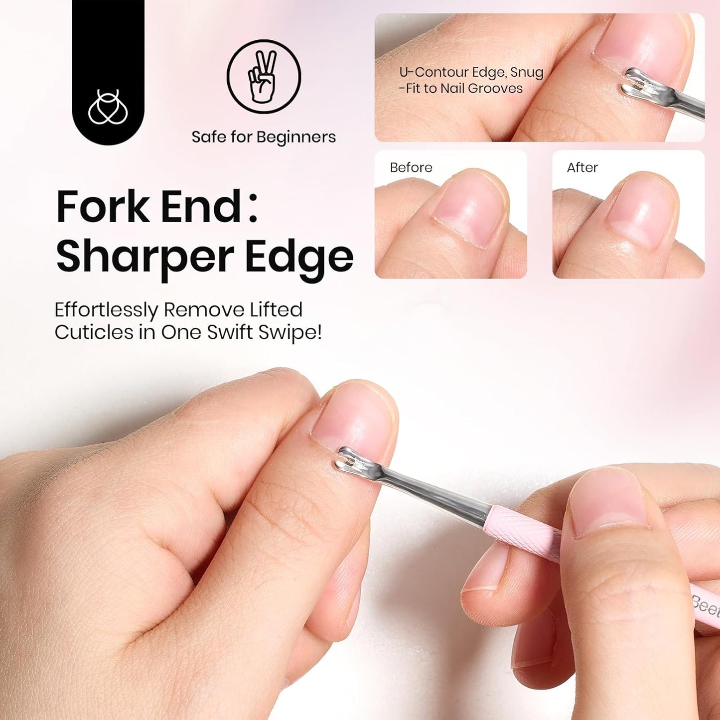 Beetles Cuticle Pusher Dual Ended Cuticle Remover with Round End Push Back Cuticles Fork End Remove Lifted Cuticles Nail Prep Tool Stainless Steel Pink Two in One Dead Skin Nail Scraper