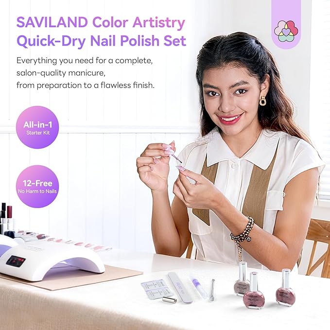 SAVILAND Color Artistry Cat Eye Nail Polish Kit: 6+1 Colors Quick-Dry Magnetic Sparkle Diamond Glitter Nude Pink Nail Polish Set with 3-in-1 Base Top Coat Cuticle Oil 12-Free Fingernail Polish Gift