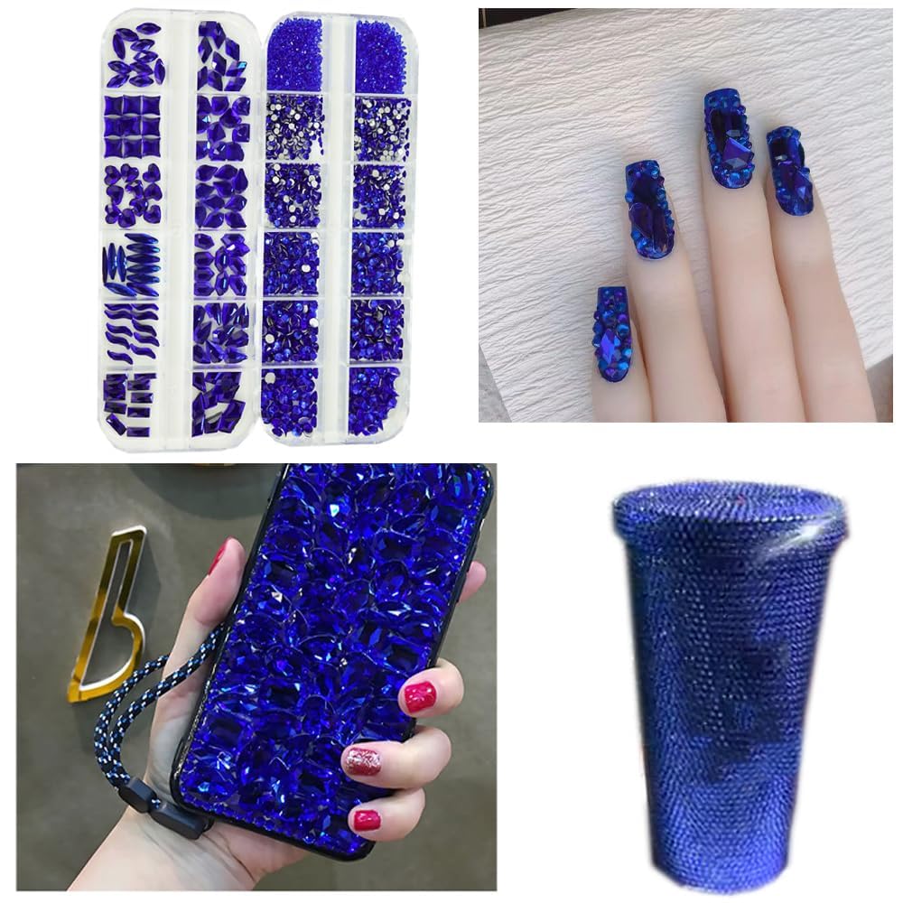 2680Pcs Royal Blue Nail Rhinestones Gems, 120pcs Multishapes Navy Blue Glass Big Nails Gem Stones with Bling Flatback Round Beads, Clear Diamond Rhinestone for DIY Face Eyes Makeup Crafts Decoration