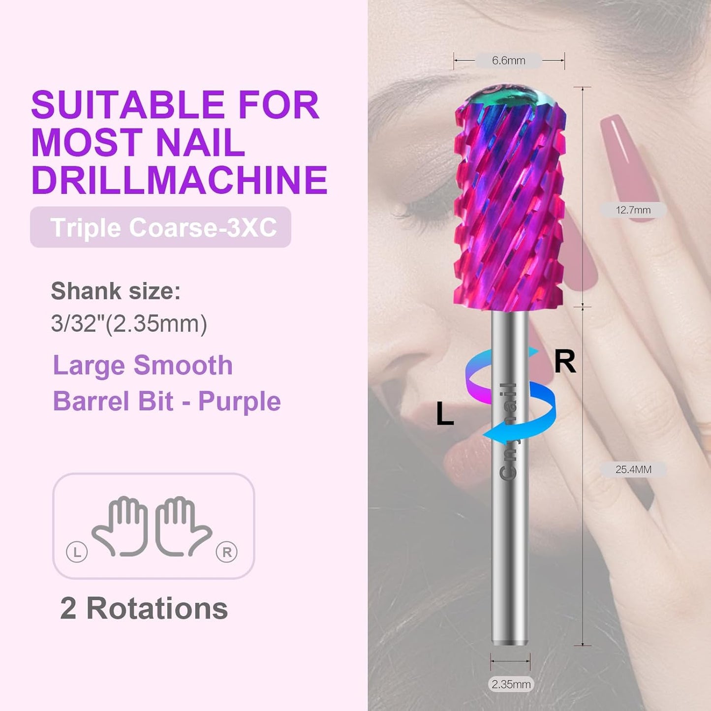 3/32" 2PCS Large Barrel Smooth Round Top Tungsten Carbide Nail Drill Bit Safety Bit for Gel & Acrylic Removal, 2-Way Rotating Efile Tip, Salon Electric File Accessory (3XC Grit, Purple)