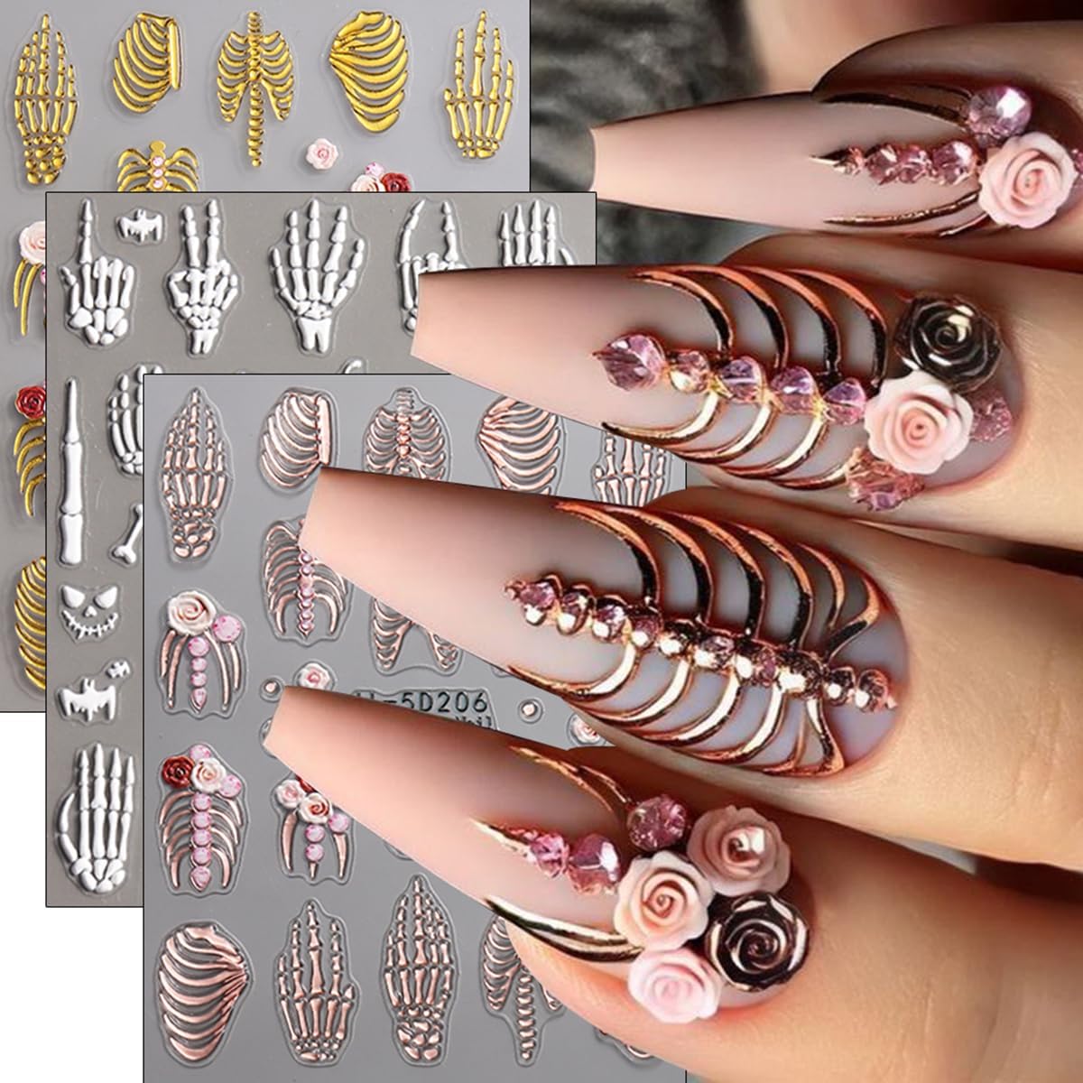 Halloween Nail Art Stickers 5D Embossed Rose Skeleton Nail Decals 3PCS Gold Rose Gold White Fantasy Bone Pumpkin Bat Design Halloween Nail Stickers Supply for Women Holiday Manicure Nail Decorations
