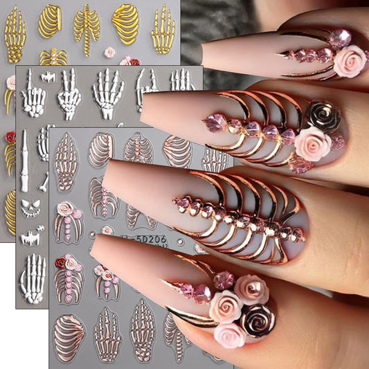 Halloween Nail Art Stickers 5D Embossed Rose Skeleton Nail Decals 3PCS Gold Rose Gold White Fantasy Bone Pumpkin Bat Design Halloween Nail Stickers Supply for Women Holiday Manicure Nail Decorations