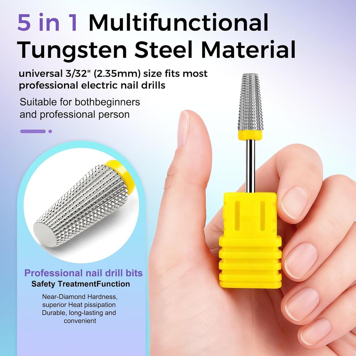 Fantexy 5 in 1 Nail Drill Bits,Professional 3/32" Shank Tungsten Steel Bits for Acrylic Nails,Manicure,Nail Art,Drill Machine,Both Left and Right Handed - Two Way Rotate Use (Extra Fine - XF)