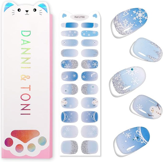 DANNI & TONI Kids Gel Nail Strips Snowman Snowflakes Blue Salon-Quality Peel & Stick Manicure for Children (Age 6+)– Safe, Long-Lasting, Easy to Apply |Ice Whisper