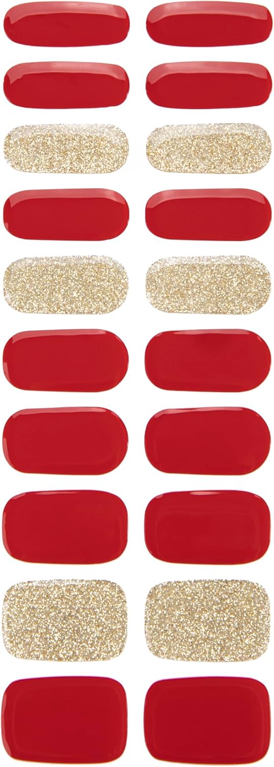 Gel Nail Strips 20 Pcs Wraps - Red Gold Glitter, Easy Apply Gel Nail Stickers Long Lasting, Salon-Quality, 2 Prep Pads, 1 File, 1 Wooden Stick, UV Light Required