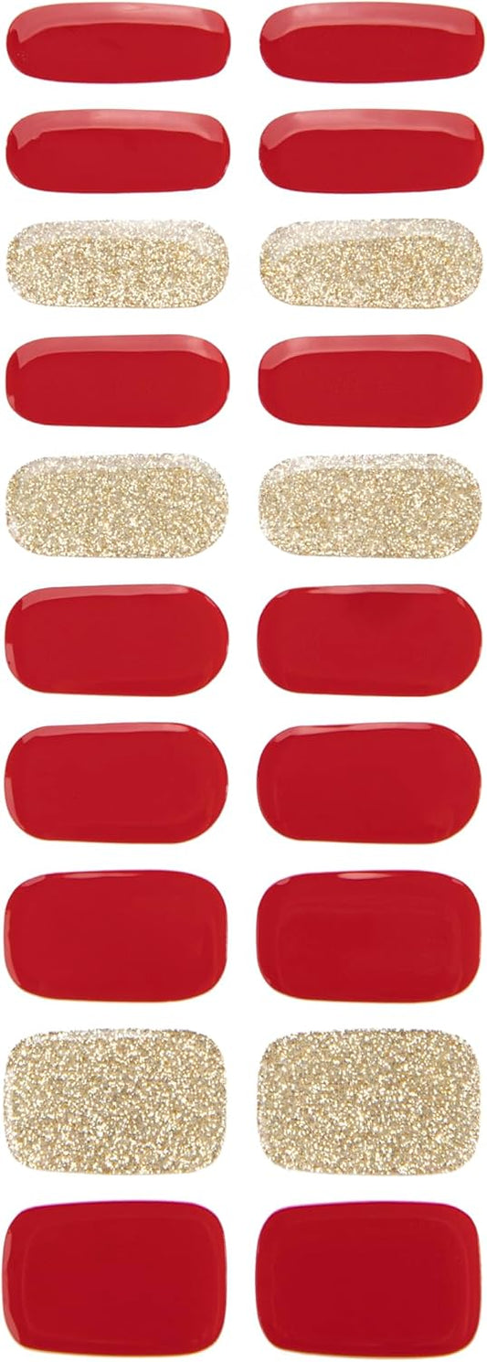 Gel Nail Strips 20 Pcs Wraps - Red Gold Glitter, Easy Apply Gel Nail Stickers Long Lasting, Salon-Quality, 2 Prep Pads, 1 File, 1 Wooden Stick, UV Light Required