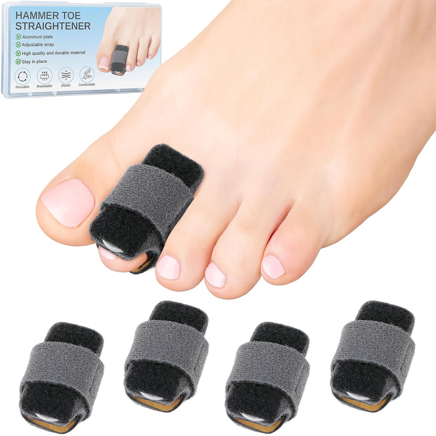 4pcs Hammer Toe Straightener with Aluminum Plate, Adjustable Hammer Toe Corrector for Women & Men,Toe Splints Wraps Relief for Curled, Bent Toes,Crooked & Broken Toes (Medium)