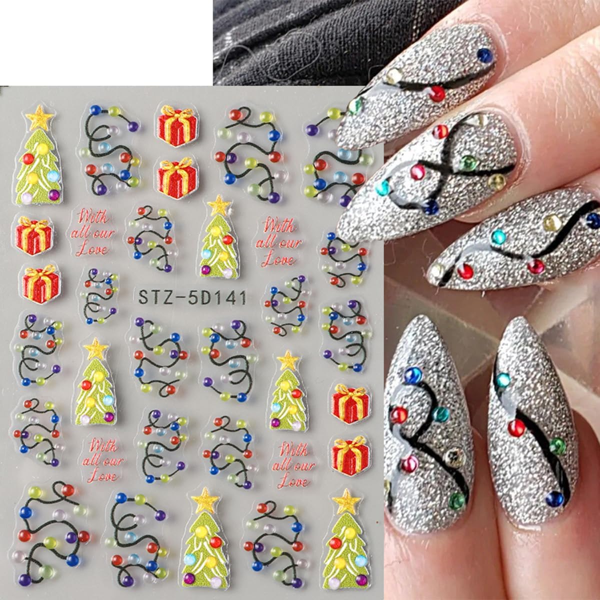 Christmas Nail Art Stickers 5D Embossed Colorful Light Nail Decals 2PCS Xmas Tree String Light Gift Box Self-Adhesive Xmas Nails Design Nail Art Supplies Stickers for Women Manicure Decorations