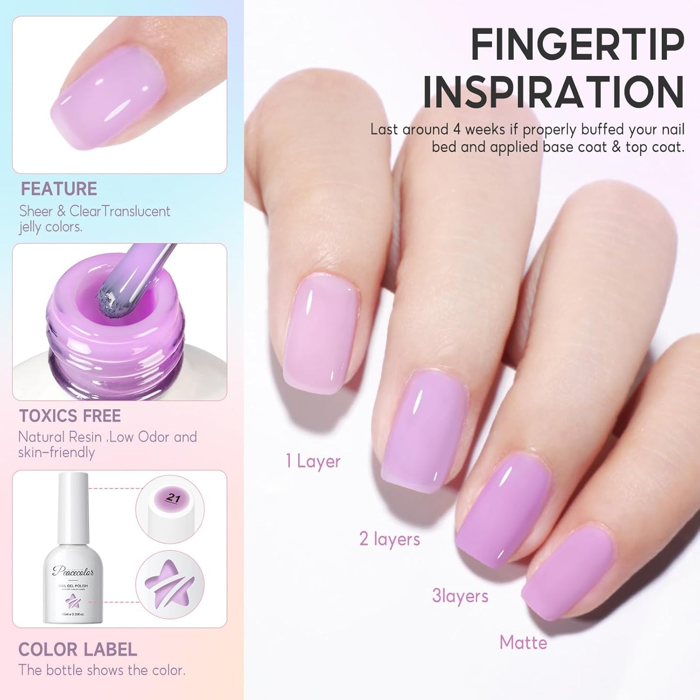 Peacecolor 10ML Jelly Nail Polish Gel Set, 6 Transparent Colors Pink Blue Green Purple Yellow Gels Polish for Salon Sheer Gel Manicure Set Nail Art DIY at Home